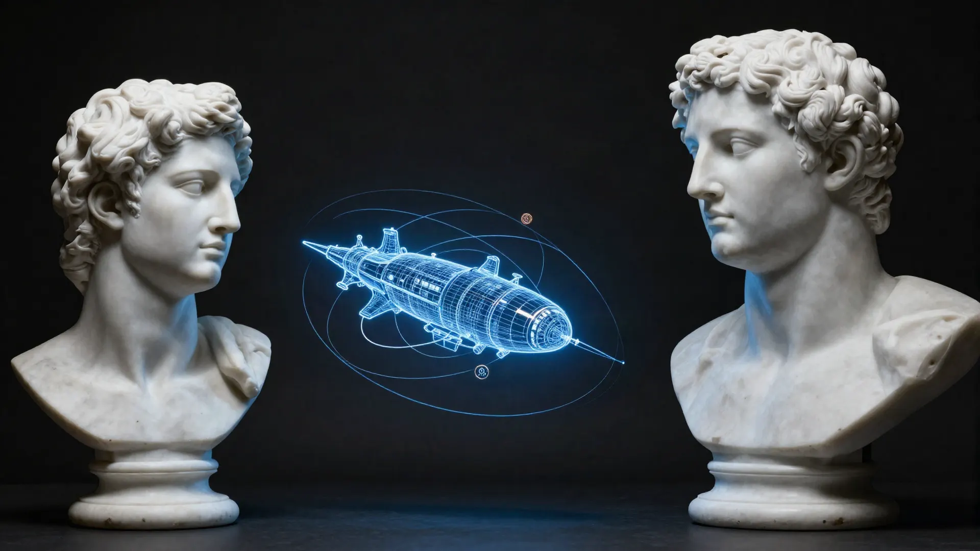 Marble busts facing a glowing spacecraft blueprint